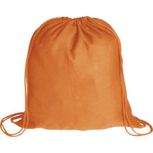 An orange drawstring bag with a simple design and matching drawstrings, featuring a logo.