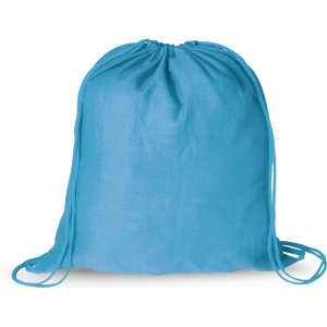 A blue drawstring bag with matching drawstrings, featuring a simple design and a logo.