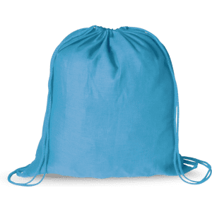 A bright blue drawstring bag with a gathered top and side cords. Features a branding logo.