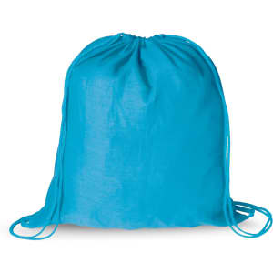 A turquoise drawstring bag with a simple design and adjustable cords. It features a logo.