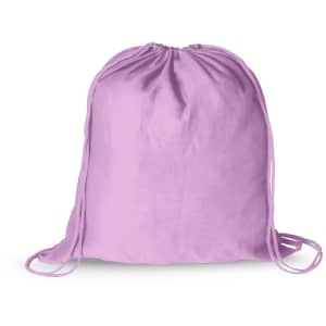 A lilac drawstring bag with matching drawstrings and a logo. Suitable for casual use and lightweight carrying.