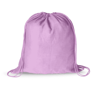 A purple drawstring bag with a simple design and cords for fastening. It features a logo.