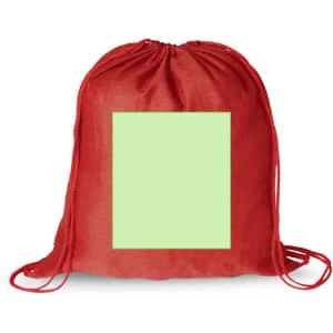 A red drawstring bag featuring a blank green area for customisation, with matching red drawstrings.