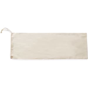 A light beige drawstring bag with a smooth surface and a pull string closure. It has a simple design.