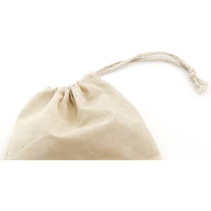A beige drawstring bag with a textured surface and a natural rope closure. It includes a small logo.