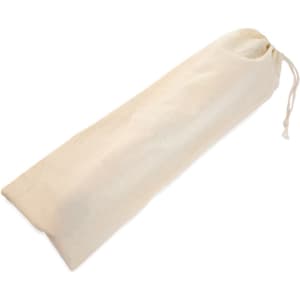 A drawstring bag in a light cream colour, designed for storing bread or similar items, featuring a branding logo.