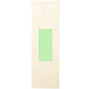 A cream-coloured drawstring bag with a rectangular green patch in the centre and a branded logo.