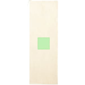 A drawstring bag in a natural beige colour featuring a green accent element in the centre.