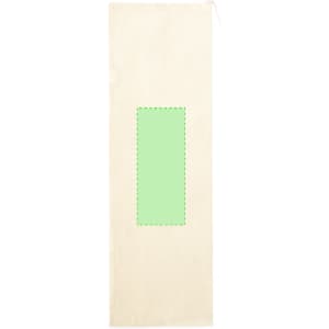 A natural canvas drawstring bag in cream with a green rectangular accent and a logo.