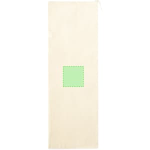 A drawstring bread bag in cream with a green dotted square design, featuring a logo.