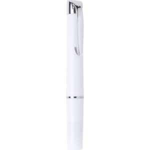 A sleek white pen with a chrome clip and a modern design. It features a silver band around the middle.