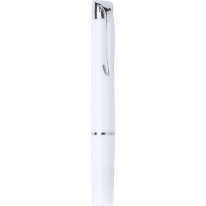 A white pen with a sleek design and a shiny silver clip. It features a logo on the body.