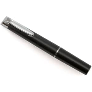 A sleek black pen with a shiny silver clip, showcasing a minimalist design and polished finish.