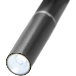 A black torch with a single LED light at the front, featuring a sleek design and a logo.