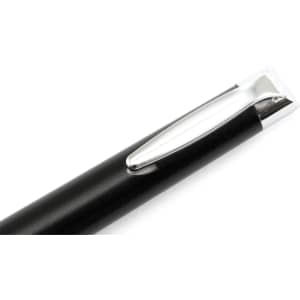 A black pen with a metallic clip detail, featuring a sleek and modern design.