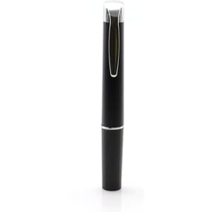 A sleek black pen with a silver clip and accents, featuring a minimalist design.