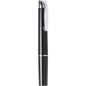 A sleek black pen with a shiny silver clip, featuring a simple, elegant design. It has a logo on the barrel.