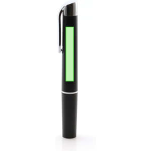 A black pen with a shiny finish and a green accent strip, featuring a clip for easy attachment.