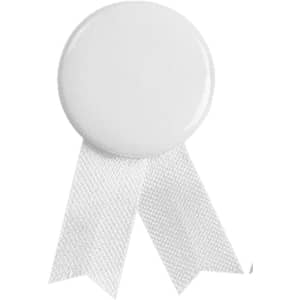 A white lapel pin with a round top and two white ribbon-like tails. The pin features a logo.