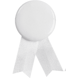 A white lapel pin with a glossy round top and two white ribbon tails. It has a logo on the surface.