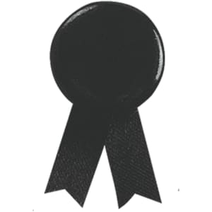 A black lapel pin featuring a round shape with two ribbon-style tails. It has a glossy finish.