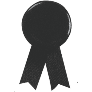 A black lapel pin featuring a round top and two ribbon-like tails. It has a logo on the surface.