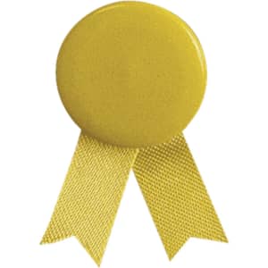 A yellow lapel pin featuring a round top with two yellow ribbon tails attached below. It includes a logo.