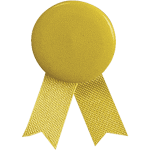 A yellow lapel pin featuring a circular top with a textured finish and two ribbon-like tails.