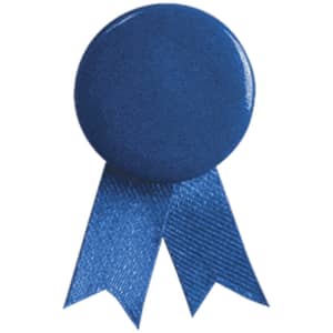 A round blue lapel pin with a ribbon design at the bottom, featuring a smooth surface and a glossy finish.