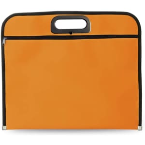 An orange document bag with a black zipper and handle, featuring a solid colour design and a logo.