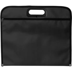 A black document bag with a handle and a zippered closure, featuring a simple design and a branded logo.