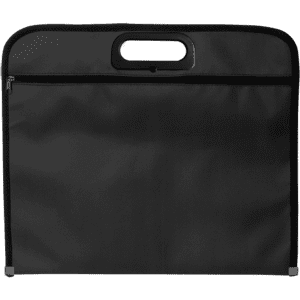 A black document bag featuring a zipper and a handle, designed for carrying papers and documents.