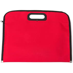 A red document bag with a black zipper and handle, featuring a simple, unadorned design.