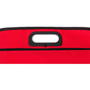 A red document bag with a black handle and a zippered closure, featuring a sleek design.