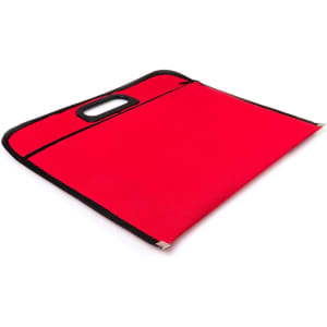 A red document bag with a handle and a black trim. It features a spacious compartment for storage.