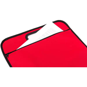 A red document bag with a black zip and a handle, containing a white sheet of paper.