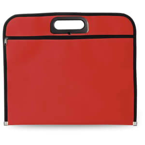 A red document bag with a zippered pocket and a sturdy handle, featuring a contrasting black trim.