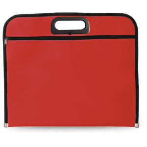 A red document bag with a black zipper and handle, featuring a sleek design and a branding logo.
