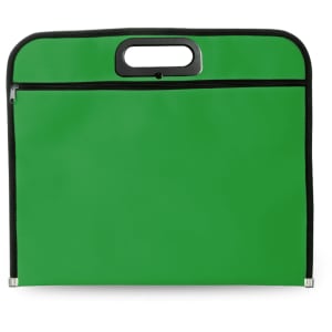 A green document bag featuring a zippered closure and a handle, with black borders and a logo.