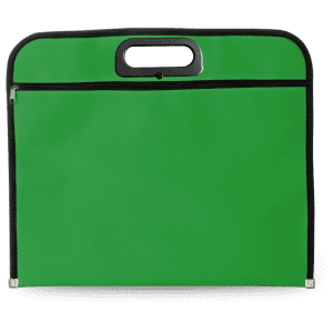 A green document bag with a black zipper and handle, featuring a simple design and no visible logos.