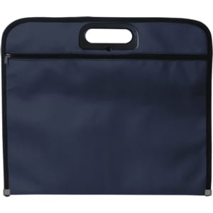 A navy blue document bag with a handle and zippered compartment, featuring a logo.