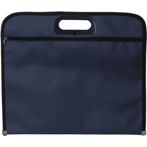 A navy document bag featuring a zip closure and a handle, designed for carrying various documents.