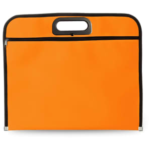An orange document bag with a handle and a black zip closure. It features a logo on the front.