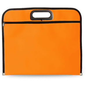 An orange document bag with a black zipper and handle, featuring a simple, unembellished design.