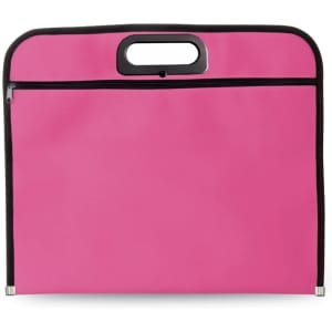 A pink document bag with a black zipper and handle, featuring a sleek and simple design.