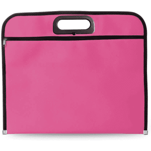 A pink document bag with a black zipper and handle, suitable for carrying various items.
