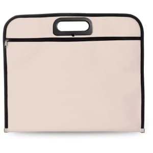 A light beige document bag with a zippered closure and a sturdy black handle. It features a logo.
