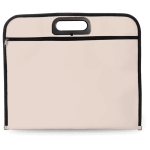 A cream document bag with a zip closure and a black handle, featuring a simple design.
