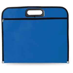 A blue document bag with a zipper and a top handle, featuring a black trim. It has a smooth, solid exterior.