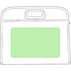 A green document bag with a handle and a blank patch suitable for branding or design.